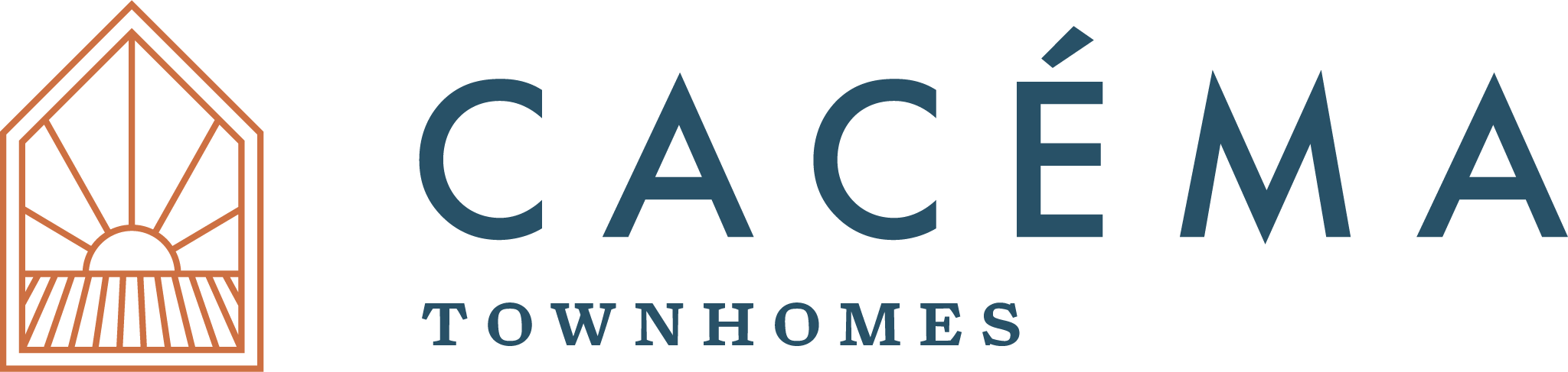 The image features the word "CACEMA" in large blue letters, followed by the word "TOWNHOMES" in smaller text, and a graphic of a house with a sun in the background.